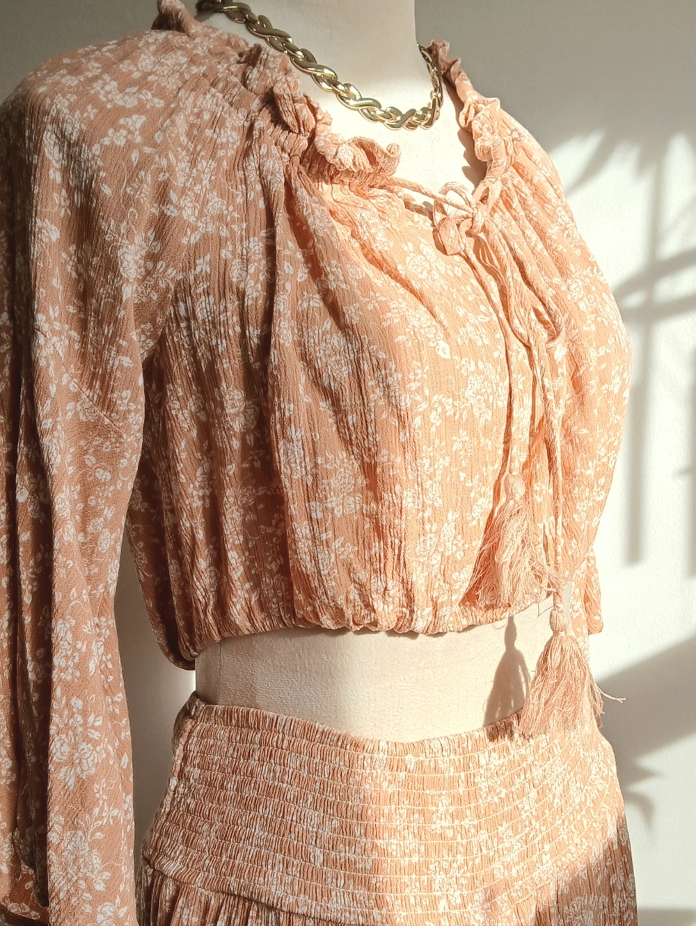 Boho-Two Piece-Maxi Skirt & Crop top-Bell Sleeves-Yellow-Floral-Size Small